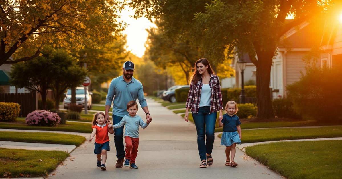 A young family of four walking together through a leafy suburban neighborhood at golden hour