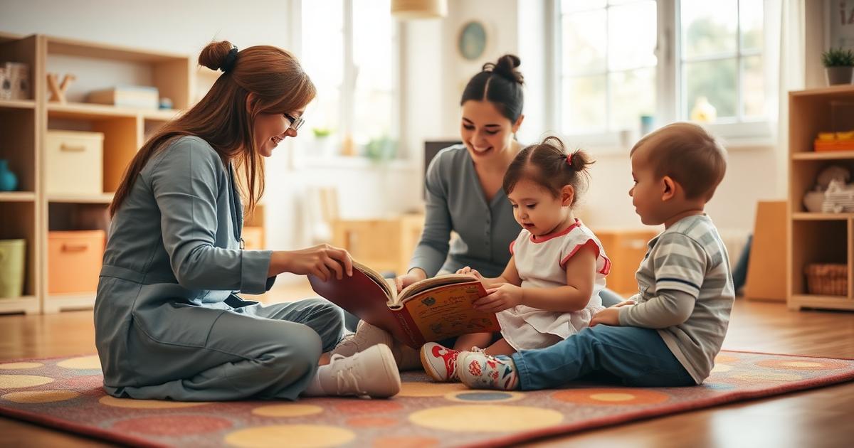 A warm bright daycare classroom with a caregiver reading a picture book to two toddlers