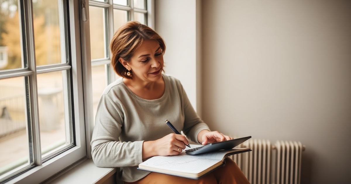 A thoughtful woman by a sunlit window writing financial calculations in a notebook