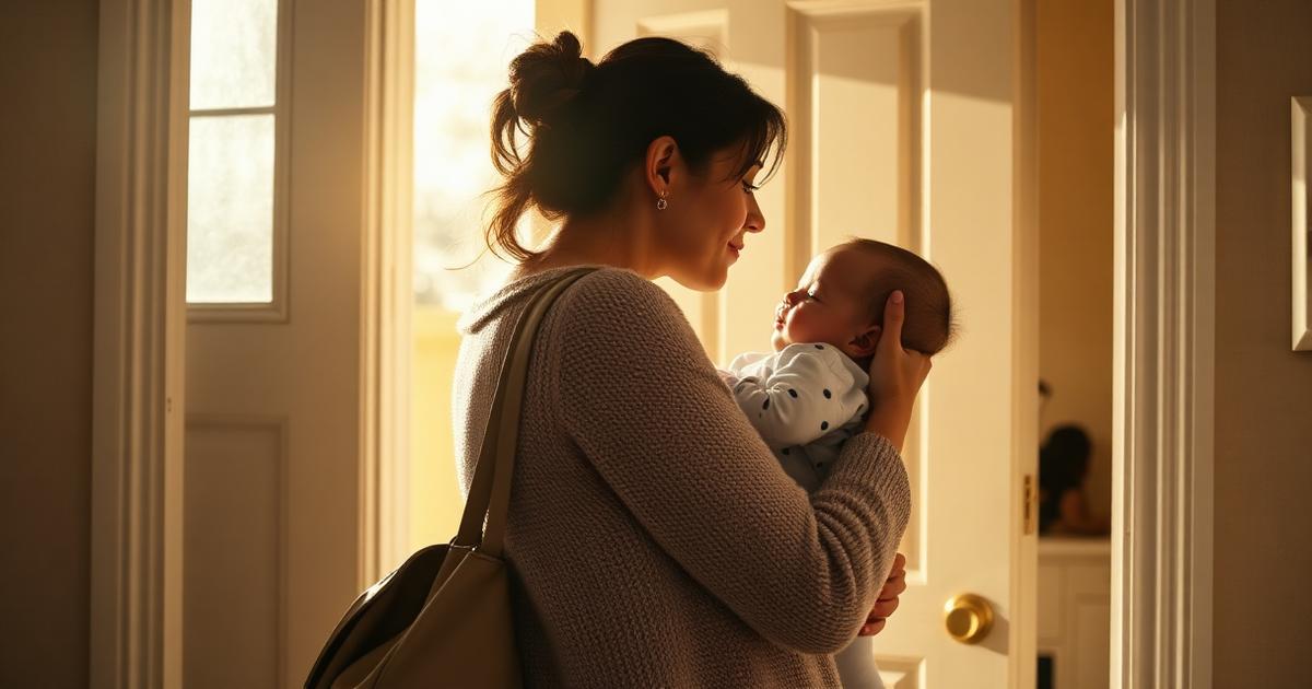 A mother in a soft cardigan holding her infant in a sunlit doorway before leaving for work